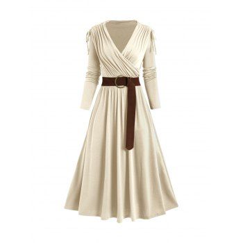 

Cinched Ruched Surplice Plunge Belted Midi Dress Solid Color High Waist Long Sleeve Dress, Light coffee