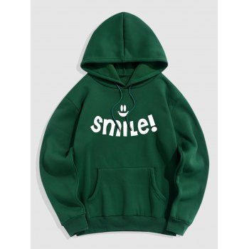 

Fleece Lining Graphic Hoodie Smile Letter Print Kangaroo Pocket Drawstring Hoodie, Deep green