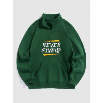 

Fleece Lining A Quarter Zip Sweatshirt Contrast Slogan Print Front Pocket Sweatshirt, Deep green