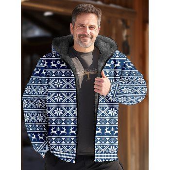 

Fluffy Lining Hooded Coat Christmas Snowflake Elk Geometric Print Zip Up Warm Coat, Blue