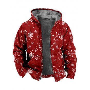 

Fluffy Lining Hooded Coat Christmas Snowflake Print Zip Up Warm Coat, Red