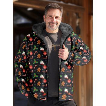 

Fluffy Lining Hooded Coat Christmas Snowman Candy Allover Print Zip Up Coat, Multicolor