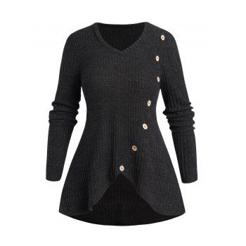 

Plus Size & Curve Asymmetric Long Knit Top Mock Button V Neck High Low Knitted Top, Black