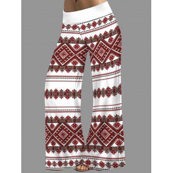 

Christmas Snowflake Geometric Print Wide Leg Pants Long Elastic Waist Loose Pants, White