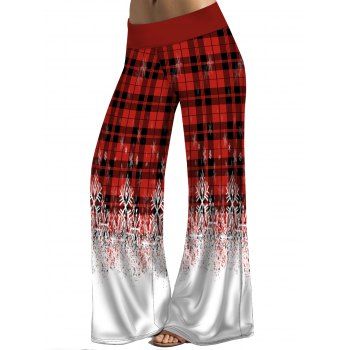 

Christmas Snowflake Plaid Print Wide Leg Pants Long Elastic Waist Loose Pants, Deep red