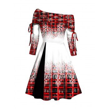 

Christmas Plaid Snowflake Print Off The Shoulder Dress Cinched Long Sleeve Mini Godet Dress, Deep red