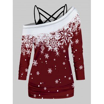 

Christmas Snowflake Print Skew Collar Long Sleeve Top And Crisscross Plain Camisole Two Piece Set, Deep red