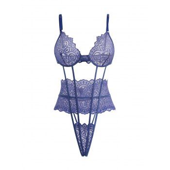 

Sheer Lace Lingerie Bodysuit Adjustable Strap One-piece Teddy Bodysuit, Blue