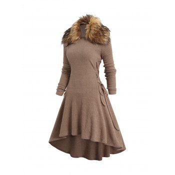 

Faux Fur Detachable Collar Knit High Low Dress Lace Up Long Sleeve Knitted Midi Dress, Coffee