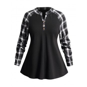 

Plus Size & Curve Plaid Raglan Sleeve Top Mock Button Notched Casual Top, Black