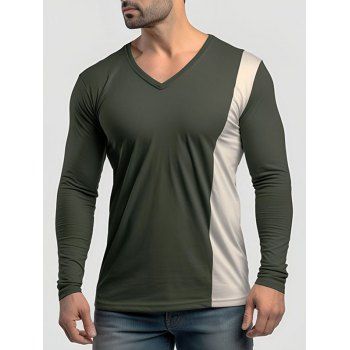

Two Tone Long Sleeve T-shirt V Neck Casual Contrast Tee, Deep green