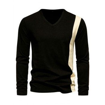 

Two Tone Long Sleeve T-shirt V Neck Casual Contrast Tee, Black