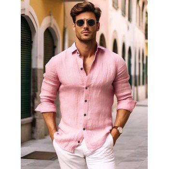

Long Sleeve Solid Color Shirt Button Up Turndown Collar Casual Shirt, Light pink