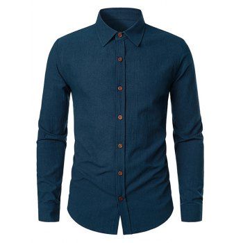 

Long Sleeve Solid Color Shirt Button Up Turndown Collar Casual Shirt, Deep blue