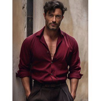 

Long Sleeve Solid Color Shirt Button Up Turndown Collar Casual Shirt, Deep red