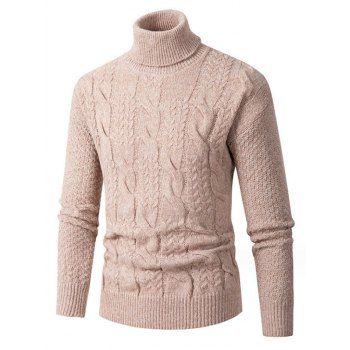 

Twist Cable Knit Turtleneck Sweater Solid Color Ribbed Hem Casual Sweater, Light coffee