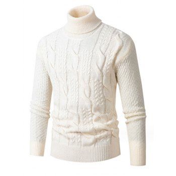 

Twist Cable Knit Turtleneck Sweater Solid Color Ribbed Hem Casual Sweater, Crystal cream
