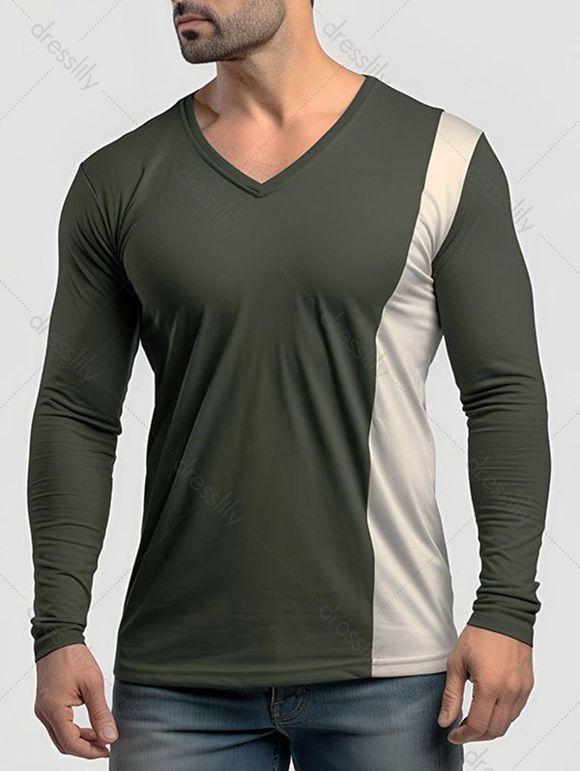 T-shirt Décontracté Contrasté Bicolore Manches Longues à Col V - Vert profond L