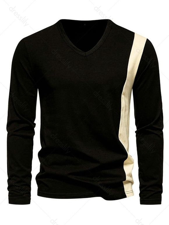 T-shirt Décontracté Contrasté Bicolore Manches Longues à Col V - Noir XL