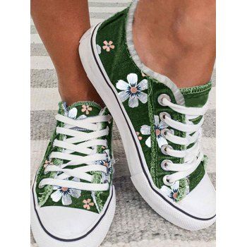 

Floral Print Frayed Hem Lace Up Flat Shoes, Green