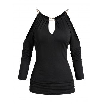 

Cold Shoulder Chain Top Plain Color Side Cinched Top, Black