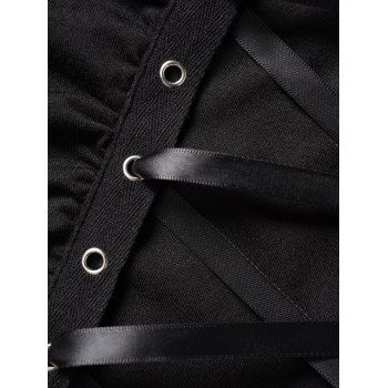 Gothic Lace Up Ruffle Trim Top Plain Color Flare Sleeve Casual Top