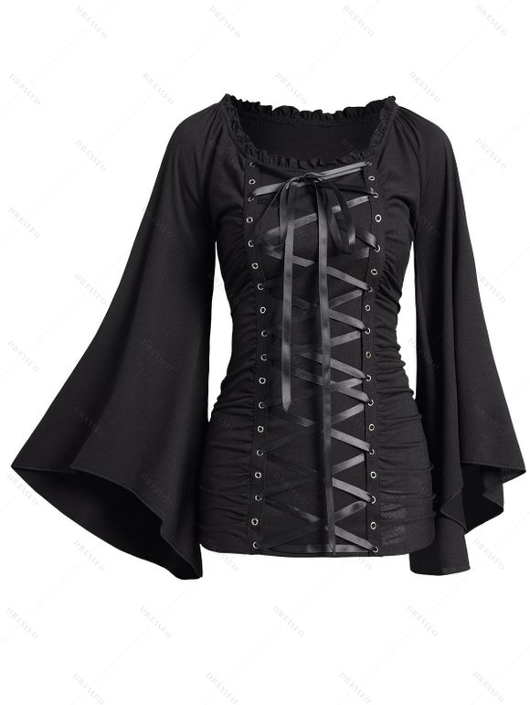 Haut gothique à lacets et volants, couleur unie, manches évasées, style décontracté - Noir XXL
