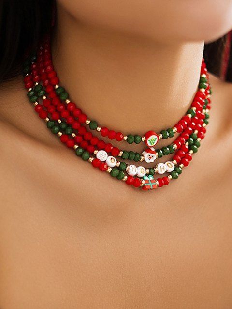 4pcs Layered Beaded Cute Santa Claus Gift Letter Christmas Choker Necklaces Set