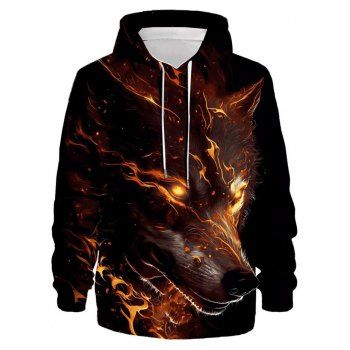 

3D Fire Wolf Print Hoodie Long Sleeve Drawstring Hoodie, Multicolor