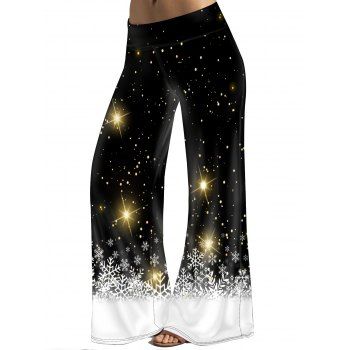 

Christmas Snowflake Sparkly Star Print Wide Leg Pants Long Elastic Waist Loose Pants, Black