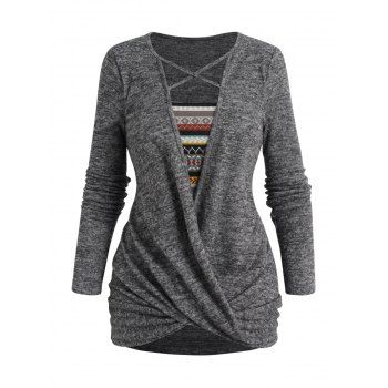 

Tribal Pattern Crossover Knit Faux Twinset Top Crisscross Heathered Knitted Twofer Top, Gray