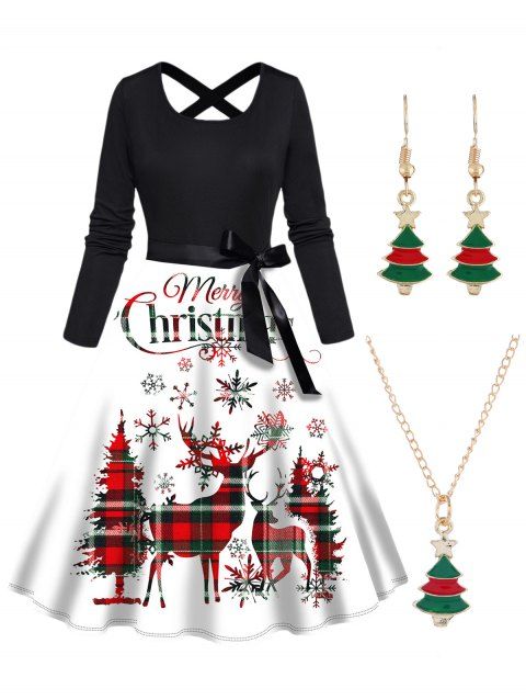 Christmas Plaid Elk Letter Print Belted Long Sleeve A Line Midi Dress And Christmas Tree Chain Necklace Earrings Outfit