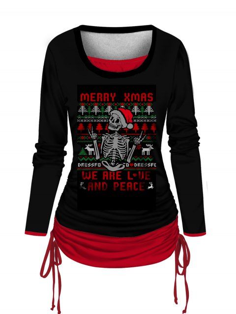 T-shirt Court Motif de Squelette Arbre de Noël en Blocs de Couleurs à Manches Longues Fausse Deux Pièces