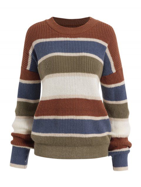 Contrast Stripe Graphic Sweater Drop Shoulder Mock Neck Casual Sweater