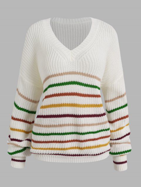 Drop Shoulder Sweater Colorful Stripe Graphic V Neck Casual Sweater