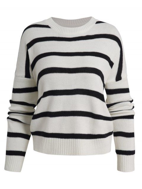 Contrast Stripe Drop Shoulder Crew Neck Casual Sweater