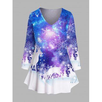 

Plus Size Christmas Snow Galaxy Snowflake Elk 3D Print T-shirt V Neck Long Sleeve Casual Tee, Sky blue