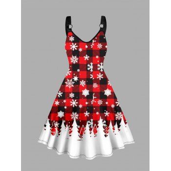 

Plus Size & Curve Christmas Dress Snowflake Plaid Print V Neck O Ring Midi Dress, Red