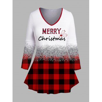 

Plus Size Plaid Letter Print Christmas T Shirt Long Sleeve V Neck Xmas Tee, Red