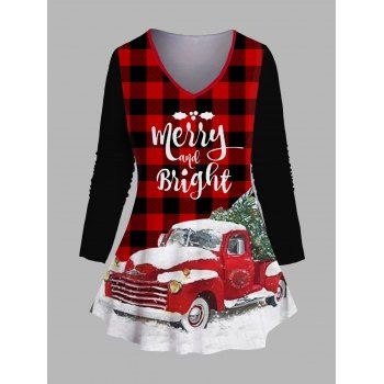 

Plus Size & Curve Christmas T-shirt Plaid Letter Car Print Long Sleeve V Neck Tee, Red