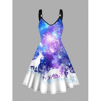 

Plus Size Christmas Midi Dress Galaxy Snow Elk Snowflake 3D Print V Neck A Line Dress, Sky blue