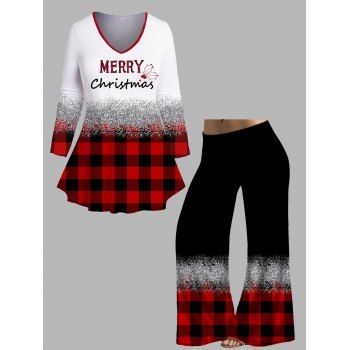 

Plus Size Christmas Outfit Plaid Letter Print Full Sleeve V Neck T-shirt And Elastic Waist Long Wide Leg Pants Outfit, Multicolor