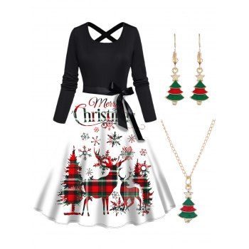 

Christmas Plaid Elk Letter Print Belted Long Sleeve A Line Midi Dress And Christmas Tree Chain Necklace Earrings Outfit, White