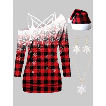 

Christmas Plaid Snowflake Print Skew Collar T-shirt Camisole Tops And Fuzzy Ball Cap Chain Necklace Drop Earrings Outfit, Multicolor