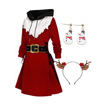 

Christmas 3D Print Lace Up Hoodie Dress And Snowman Drop Earrings Elk Hairband Outfit, Red