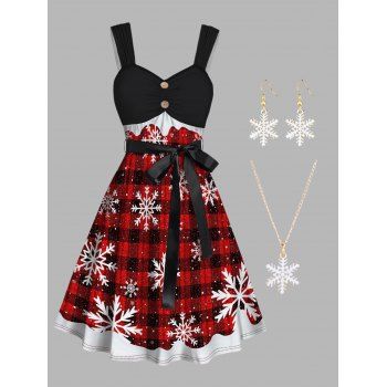 

Christmas Plaid Print Ruched Mock Button Belted Mini Dress And Snowflake Chain Necklace Drop Earrings Outfit, Red