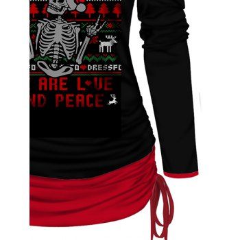 Colorblock Cinched Faux Twinset T-shirt Christmas Tree Skeleton Slogan Pattern Long Sleeve Twofer Tee