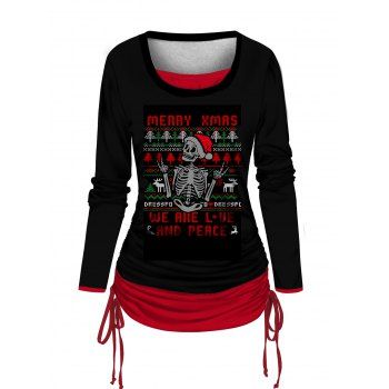 

Colorblock Cinched Faux Twinset T-shirt Christmas Tree Skeleton Slogan Pattern Long Sleeve Twofer Tee, Black