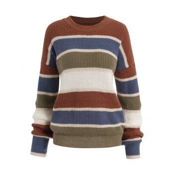 

Contrast Stripe Graphic Sweater Drop Shoulder Mock Neck Casual Sweater, Coffee
