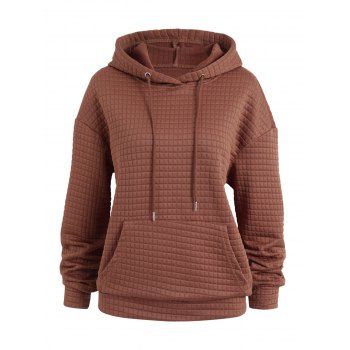 

Solid Color Textured Drop Shoulder Hoodie Kangaroo Pocket Drawstring Casual Hoodie, Deep coffee